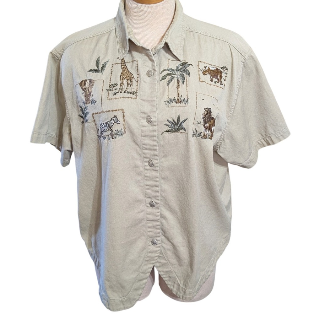 Vintage Victoria Jones Woman Safari Animal Embroidered Cotton Shirt 20W